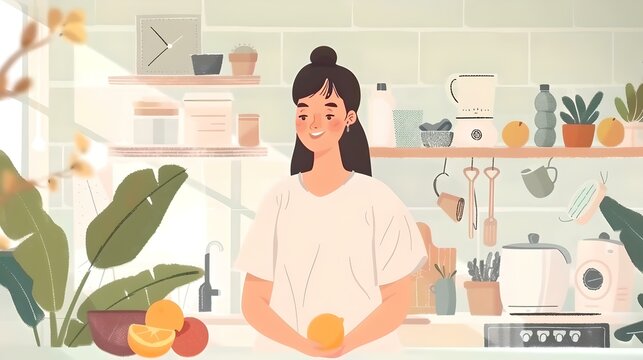 Smiling woman in a cozy kitchen setting, illustration of homely comfort and modern lifestyle. AI