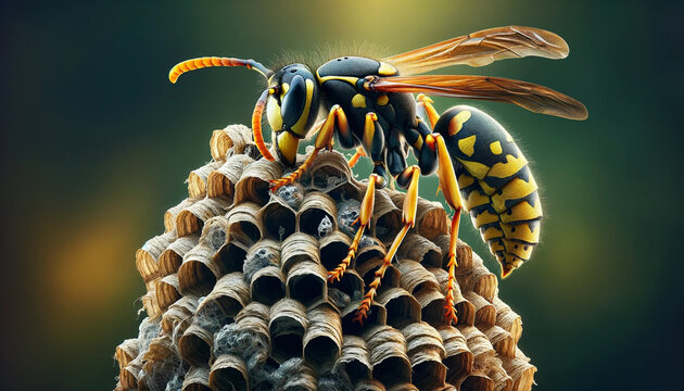Create an extremely realistic close-up image focusing on a wasp engaging with its nest.