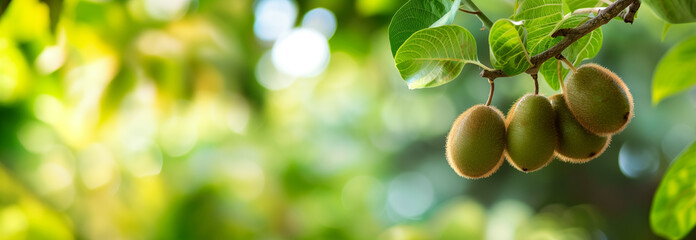 The Kiwifruit on the tree branch. Close up. Copy space for text. Blurred background. Banner slider template. - 752775333