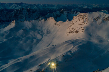 Ski Cable Car transportation to the glacier snow fields at the early morning before sunrise phase