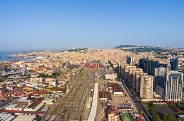 Naples, Italy. Train station - Napoli Centrale. Panorama of the city on a summer day. Sunny weather. Aerial view