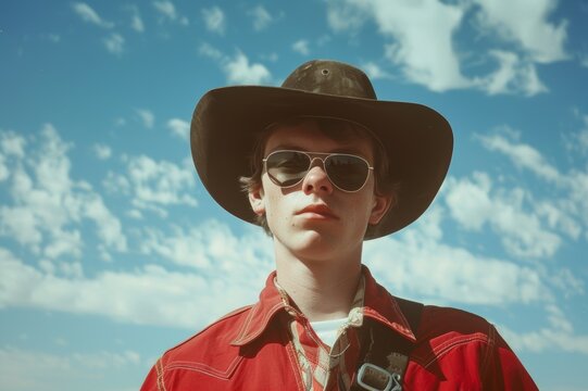 Adolescente cowboy con gagas de sol en el campo, retrato al aire libre de un joven chico granjero
