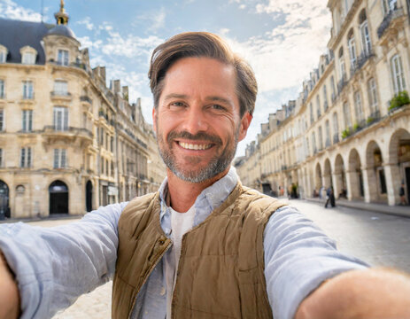Selfie handsome middle aged man cheerful bearded guy making selfie photo in city center main street