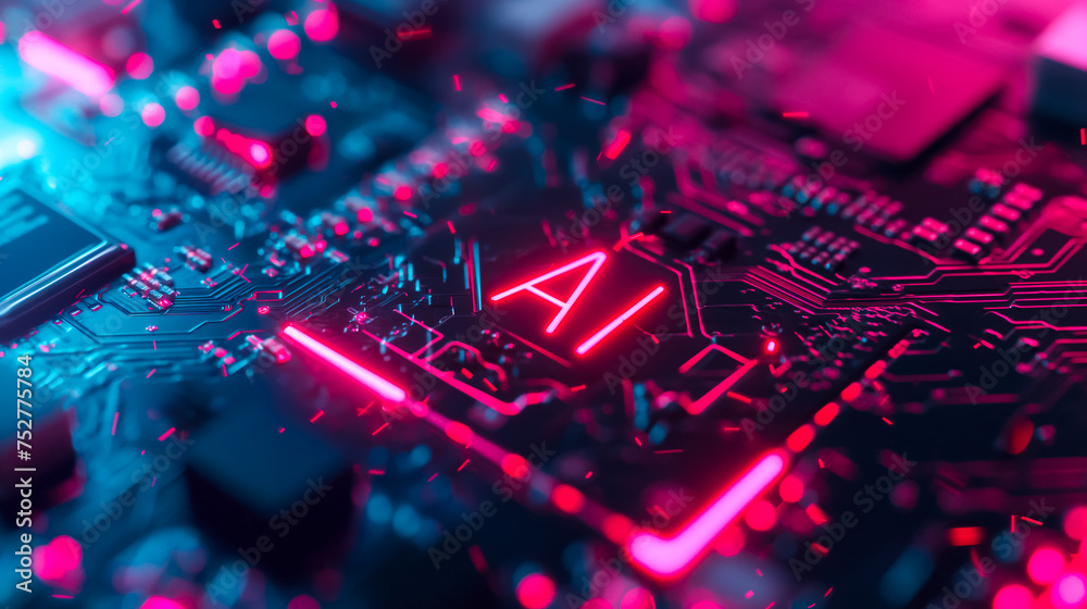 Poster advanced computer processor chip with ai acceleration in dark digital environment.