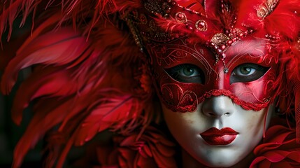 Enigmatic figure in lush red masquerade costume and mask. festive and theatrical theme with mysterious mood. ideal for creative projects. AI