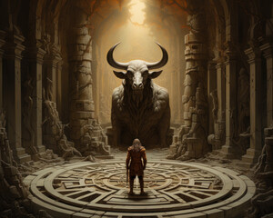 Close encounter with a minotaur in thought the labyrinth around him a testament to vintage myths