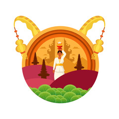 Balinese lady greeting Galungan Kuningan days illustration.use for greeting card, poster, banner, web, social media, print, book illustration