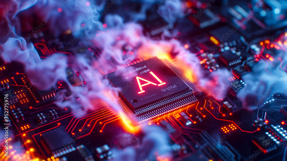 Poster advanced computer processor chip with ai acceleration is burning in dark digital environment.