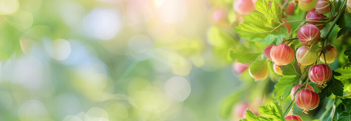 Gooseberries on the bush. Close up. Copy space for text. Blurred background. Banner slider template. - 752775902