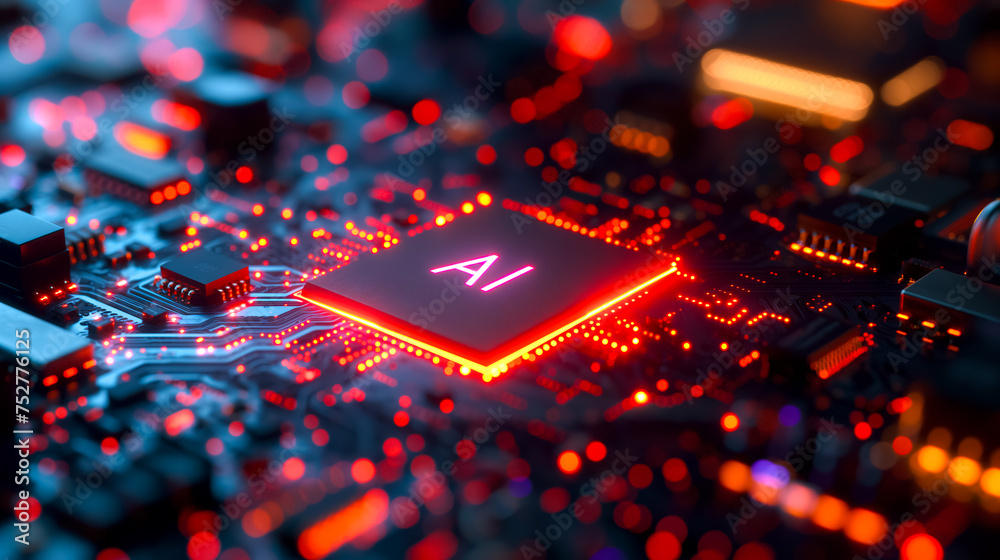 Poster advanced computer processor chip with ai acceleration in dark digital environment.