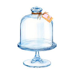 Cloche glass cake stand watercolor drawing dome. Paper label tag heart rope. Glassware dish tray leg lid. Sweet treat fruit insect. Pastry aquarelle isolated on white background