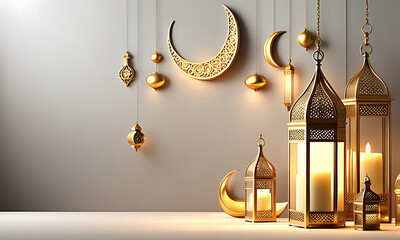 a professional illustration of  multiple golden islamic lanterns elegantly arranged against a white background