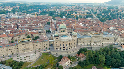 Bern, Switzerland. Federal Palace. Panorama of the city with a view of the historical center. Summer morning, Aerial View