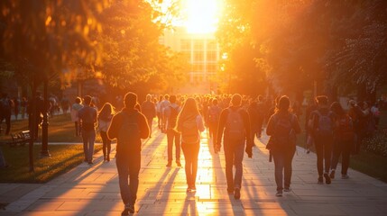 Backlit crowd of students walking on university campus at sunset