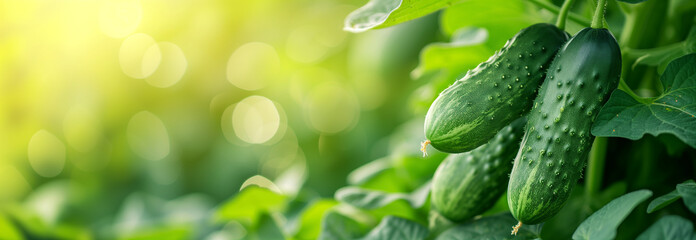 Сucumber vegetable bush on the garden bed. Close up. Copy space for text. Blurred background. Banner slider template. - 752776555