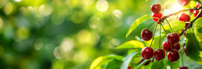 Cherries bush on the bush. Close up. Copy space for text. Banner slider template. Blurred background. - 752776724