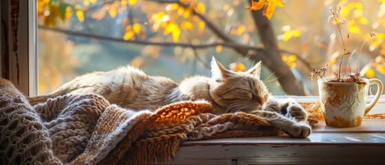 Cozy cat napping on a knitted blanket by the autumn window - obrazy, fototapety, plakaty