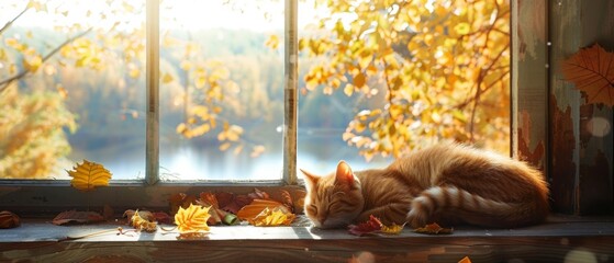 Cozy cat napping on a knitted blanket by the autumn window
