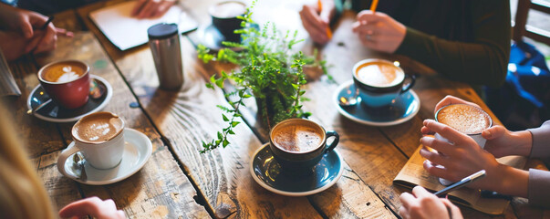 Close up image of a group cafe meeting