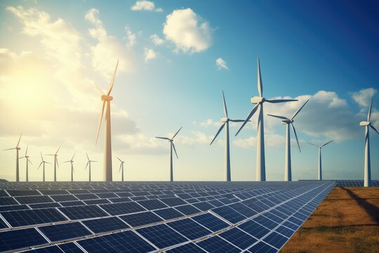 Image of renewable energy. Solar power plants and Windmills,Renewable Energy Images of renewable energy sources wind turbines, solar panels,  Ai generated