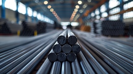 Rows of Steel Round Bar storage and stacking in the warehouse for industrial construction.manufacture, iron, metal, building, architecture - obrazy, fototapety, plakaty