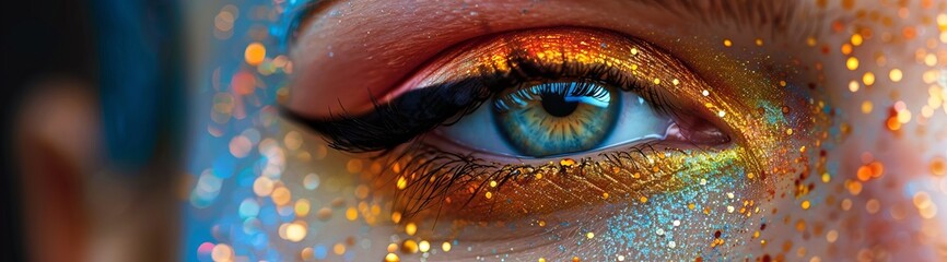 Close-up female eye with beauty stylish colorful holi painting makeup, Holi indian color festival - obrazy, fototapety, plakaty