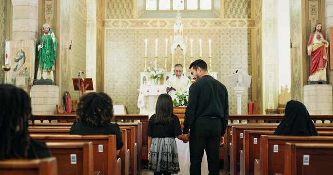 Family, Church And Catholic For Funeral, Walking Isle And Sunday Service For Condolences And Death. People, Child And Benches At Cathedral, Synagogue And Back View For Chapel And Sad Farewell