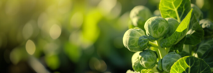 The Brussels sprouts cabbage on the garden bed. Close up. Copy space for text. Blurred background. Banner slider template. - 752777348