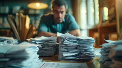 Stressed man working with stacks of papers. - obrazy, fototapety, plakaty