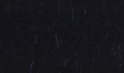 Hand made antique blank sheet black paper texture with blue fibers.