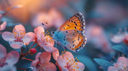 Beautiful blue yellow butterfly in flight and branch of flowering apricot tree in spring at Sunrise...