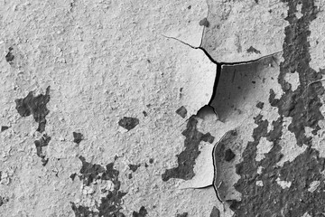 Peeling paint on the wall. Old concrete wall with cracked flaking paint. Weathered rough painted...