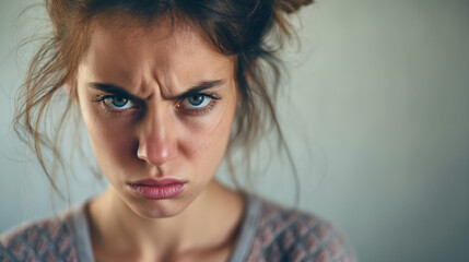 Annoyed woman with furrowed brow and frown. - obrazy, fototapety, plakaty