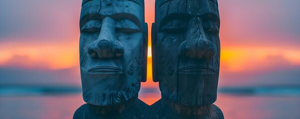 Enigmatic stone statues enhance the mysterious allure of Polynesias vibrant sunset. Concept Polynesian Culture, Stone Statues, Mysterious Allure, Vibrant Sunsets