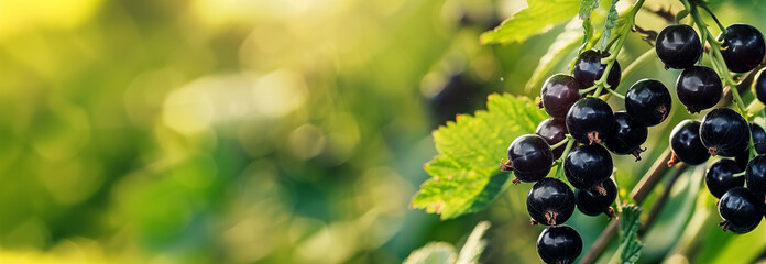Black currants on the bush. Close up. Copy space for text. Banner slider template. Blurred background.