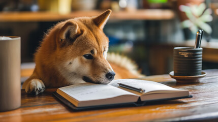 Shiba Inu studying a notebook.
