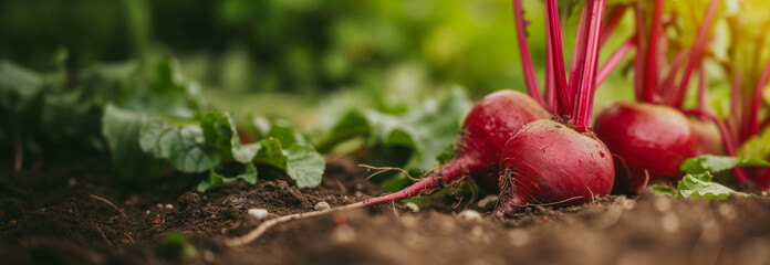 Beet root vegetable on the garden bed. Close up. Copy space for text. Blurred background. Banner slider template. - obrazy, fototapety, plakaty