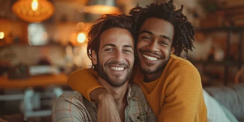 Fotobehang Gay couple grinning, hugging, and gazing. Generative Ai © Planum