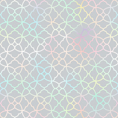 Arabic style seamless pattern. Vector holographic gradient oriental ornament on grey background. Islamic traditional texture for backgrounds, wallpapers, textile patterns, decoration.