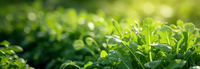 Arugula vegetable on the garden bed. Close up. Copy space for text. Blurred background. Banner slider template.