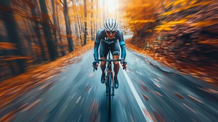 Cyclist racing at high speed through a vibrant autumn forest