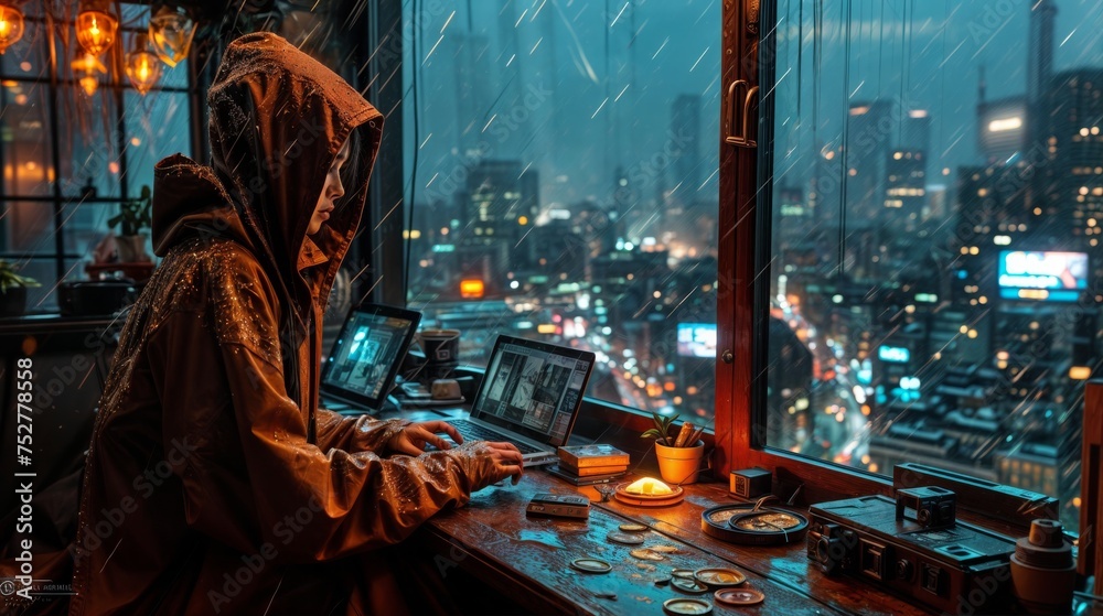 Wall mural a hacker in a hoodie is sitting at a table in front of a window with a view of the night city.