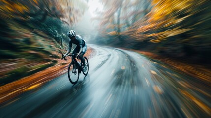 Cyclist on a wet road surrounded by fall foliage on a rainy day