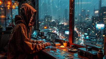 A hacker in a hoodie is sitting at a table in front of a window with a view of the night city.