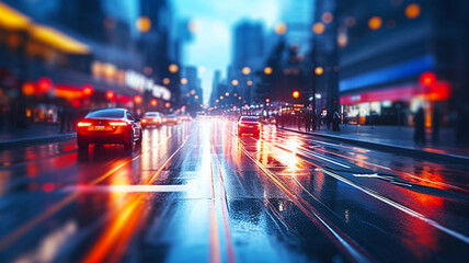 Fototapeta na wymiar City street traffic during dusk in the rain
