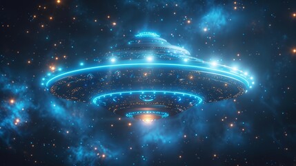 Unidentified flying object UFO or flying saucer in neon futuristic light. Extraterrestrial civilizations concept. Contact with other planets