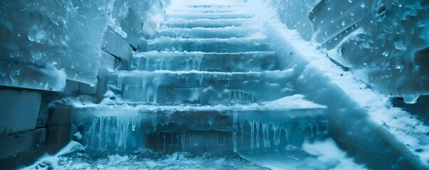 Treacherous stairway covered in ice posing a hazardous situation for pedestrians. Concept Icy Stairs, Hazardous Conditions, Slippery Surface, Pedestrian Safety, Winter Weather