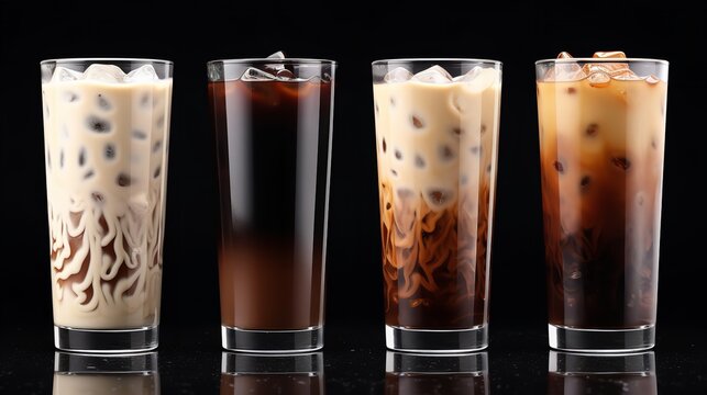 Cool Coffee Duo: Set of Black Iced Coffee and Iced Latte Coffee with White Backgrounds