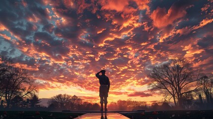 Silhouette of a soldier standing against a dramatic sunset sky