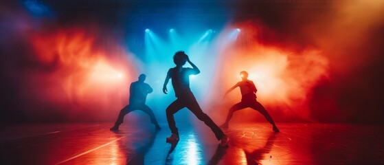 Silhouette of dancers on stage with vibrant lighting and fog effects - obrazy, fototapety, plakaty